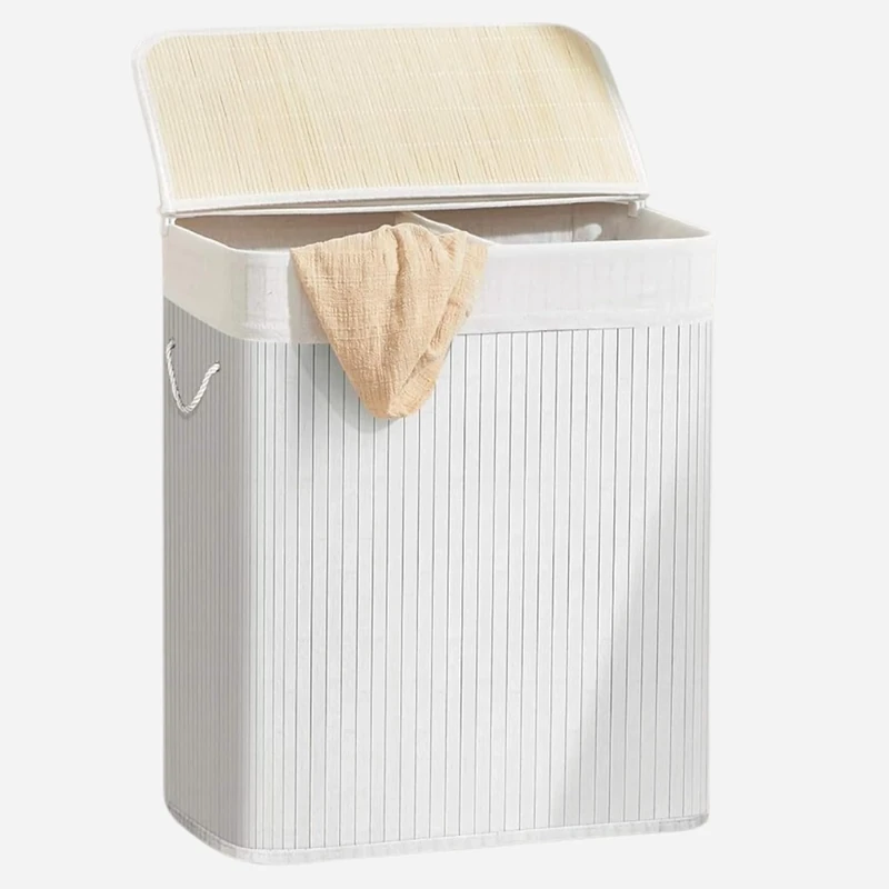 Comart - Bamboo Laundry Basket - 100 L - 2 Compartments - Space-Saving Basket - Foldable - with Lid and Handles - Removable Inner Lining - Cloth and Laundry Holder - for Laundry and Bathroom - White