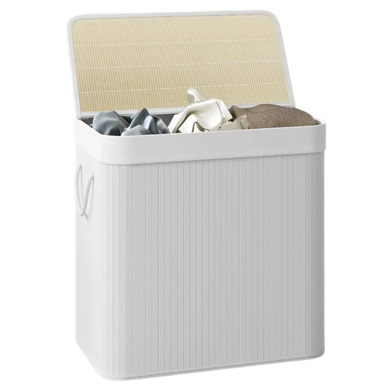 Comart - Bamboo Laundry Basket - 150 L - 3 Compartments - Space-Saving Basket - Foldable - with Lid and Handles - Removable Inner Lining - Cloth and Laundry Holder - for Laundry and Bathroom - White