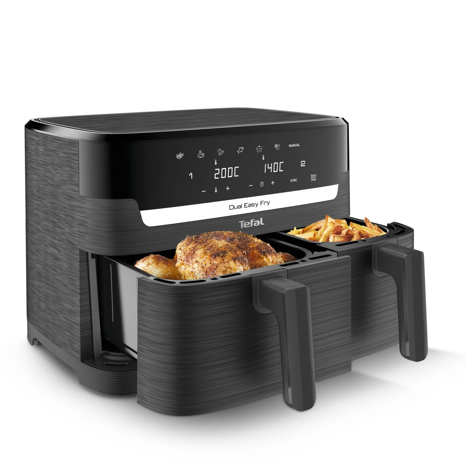 Tefal Easy Fry Dual Zone Digital Air Fryer, 2 Drawers, 8.3L, 8in1, Air Fry, Extra Crisp, Roast, Bake, Reheat, Dehydrate, 6 Portions, Non-Stick, Dishwasher Safe Baskets, Grey EY901HG0