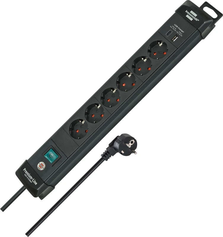 Brennenstuhl Premium-Line Power Strip 6-Way with USB C PD 30W and USB A 18W (Made in Germany, Power Plug with Switch and 3m Cable, Branch Box for Wall Mounting) Black