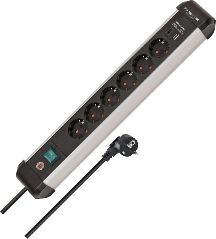 Brennenstuhl Premium Alu-Line Power Strip 6-Way with USB C PD 30W and USB A 18W Aluminium (Made in Germany, Junction Box with 3 m Cable and Switch, Wall Mounted Plug Block)