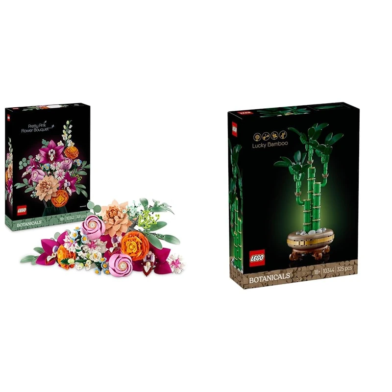 LEGO Botanicals Pretty Pink Flower Bouquet Set + Lucky Bamboo Artificial Plant Bundle Floral Home Decor Nature Gifts for Women Men Her or Him 10342 + 10344