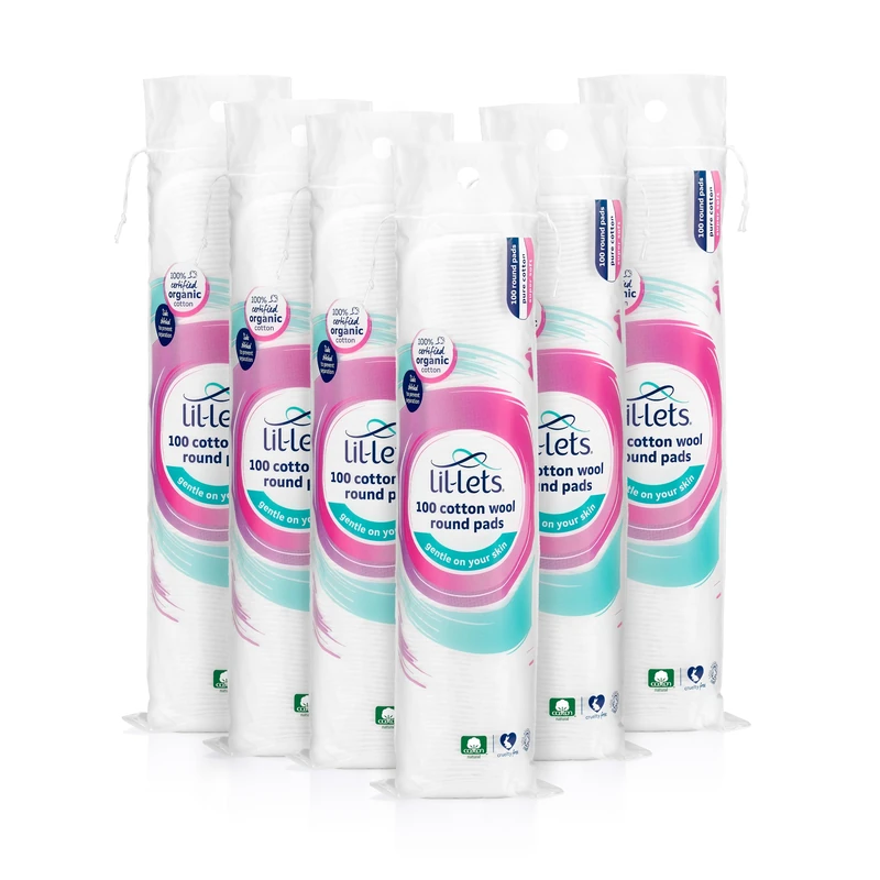 Lil-Lets Cotton Wool Round Pads, 6 x 100 Count, Certified Organic, 100% Pure Cotton Wool, Soft and Absorbent, Gentle on Skin, Dermatologically Tested