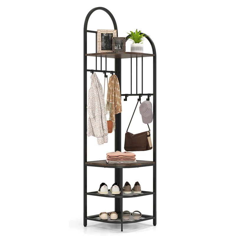 CASART Corner Hall Tree, 180cm Tall Entryway Coat Rack with Shoe Bench, Storage Shelves & 6 Hooks, Freestanding Metal Corner Clothes Rack for Hallway Bedroom Living Room (Rustic Brown + Black)