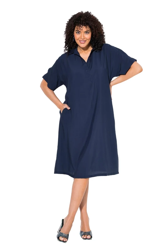 Ulla Popken Ladies Plus Size Plus Size Polo Dress with Slit Sleeve, Navy, 32/34