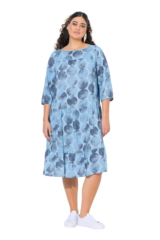 Ulla Popken Women's Plus Size Plus Size Dress with AOP and Flounces, Light Blue, 24-26