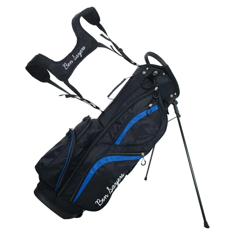 Ben Sayers DLX Deluxe Mens Golf Stand Bag | Lightweight with Padded Lumbar Support & Dual Shoulder Strap | 14-Way Full Length Club Dividers & Water Resistant Pockets (Black/Blue)