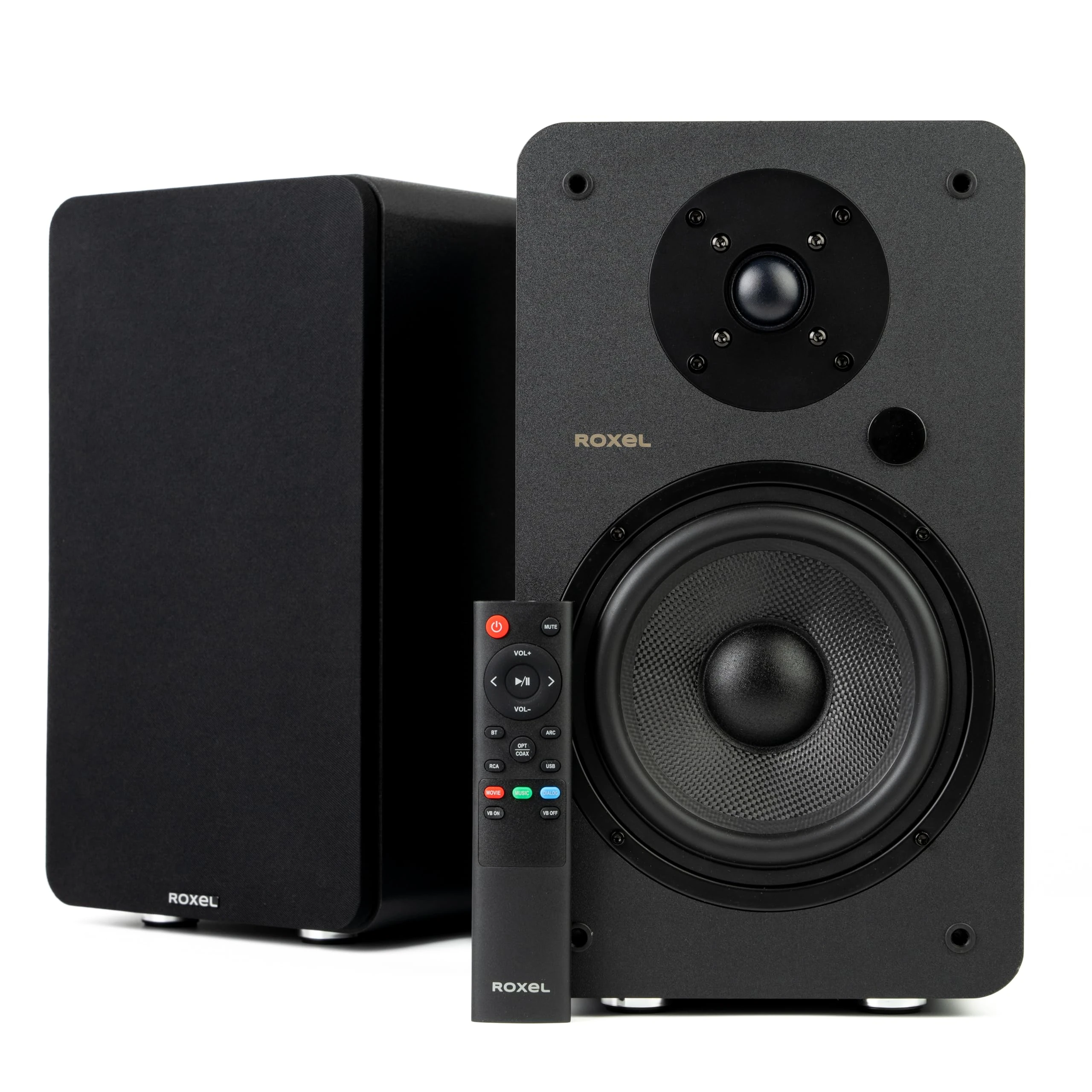 Roxel Onyx XL 120W Active Bookshelf Speakers, HiFi Stereo Wireless Speakers, BT 5.3, HDMI ARC, Optical, USB, RCA, Adjustable Bass/Treble, Full range 6.5" inch Bass Driver, 3 Metre Speaker Cable