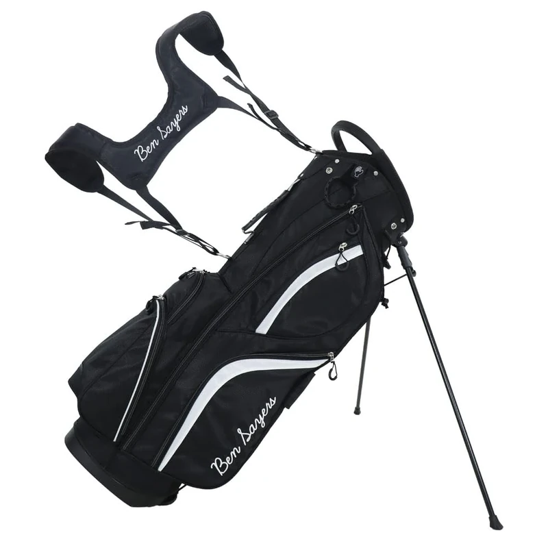 Ben Sayers DLX Deluxe Mens Golf Stand Bag | Lightweight with Padded Lumbar Support & Dual Shoulder Strap | 14-Way Full Length Club Dividers & Water Resistant Pockets (Black/White)