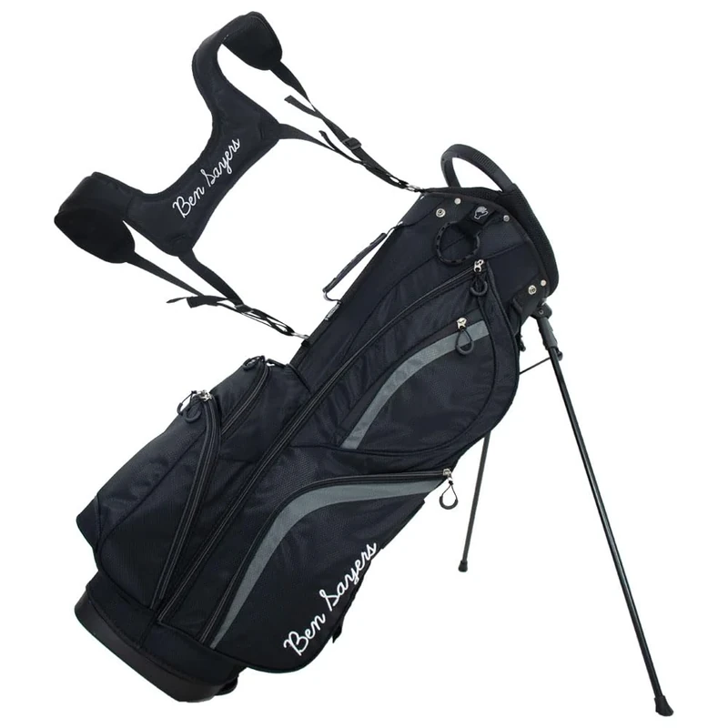 Ben Sayers DLX Deluxe Mens Golf Stand Bag | Lightweight with Padded Lumbar Support & Dual Shoulder Strap | 14-Way Full Length Club Dividers & Water Resistant Pockets (Black/Grey)