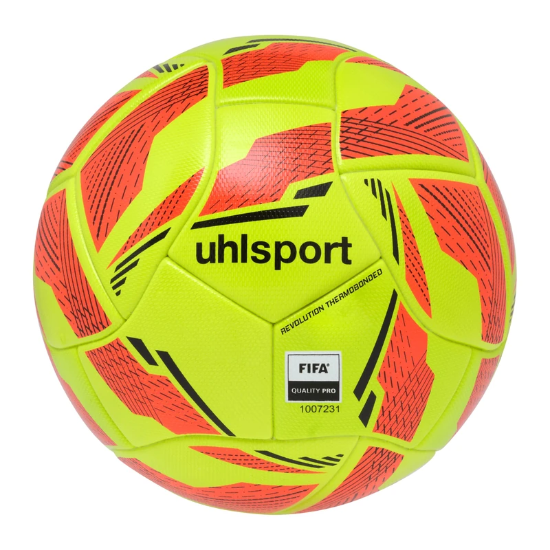 uhlsport Revolution Thermobonded Football Match Ball for Adults - Thermally Glued with Durable Material - FIFA Quality PRO Certified, 5, Fluo Yellow/Fluo Red/Black