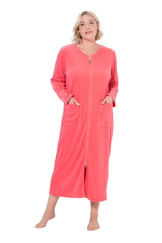 Ulla Popken Ladies Plus Size Plus Size Dressing Gown 2 Way Zip Terry Towelling Cosy Soft, coral, 50-52