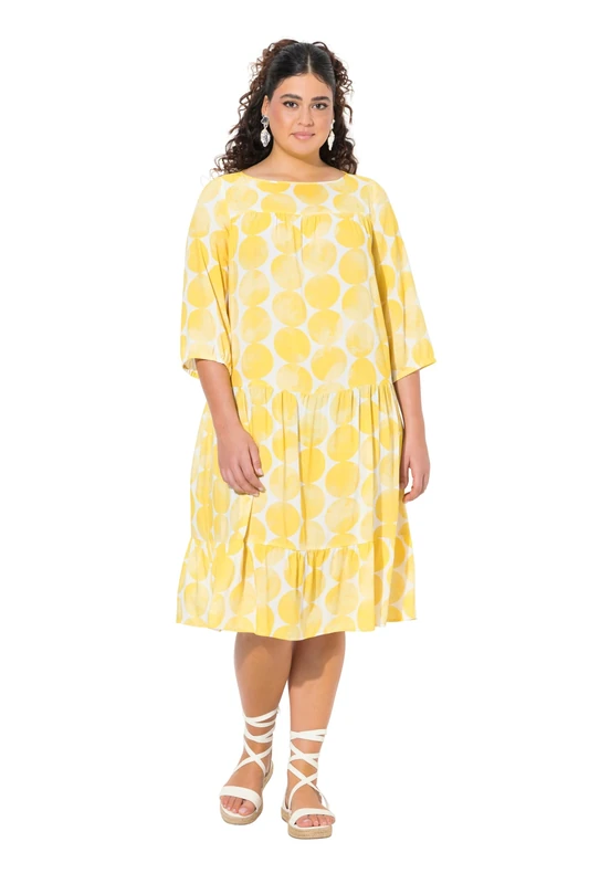 Ulla Popken Women's Plus Size Plus Size Dress with AOP and Flounces, Snow White, 20-22