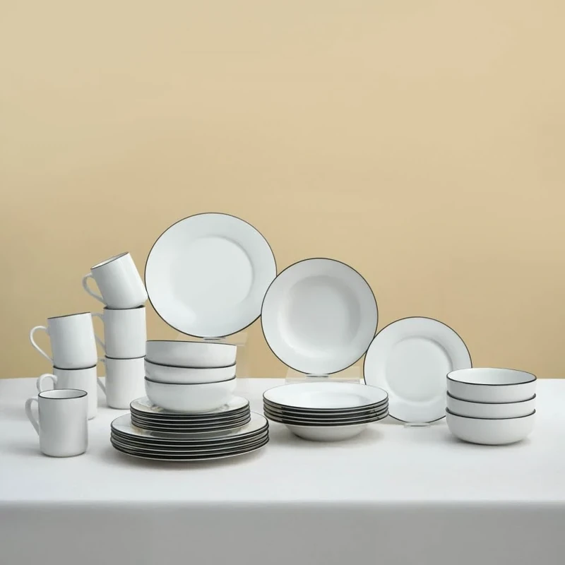 Karaca Emma Porcelain Dinnerware Sets - 30-Piece Dinner Set - White Kitchen Plates and Bowls Set - Dining Set for 6 People, Dinner Plates, Pasta Bowls, Salad Bowl, Side Plates, Mugs Modern Crockery