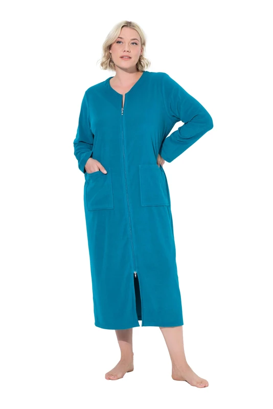 Ulla Popken Ladies Plus Size Plus Size Dressing Gown 2 Way Zip Terry Towelling Cosy Soft, Lagoon Green, 50-52
