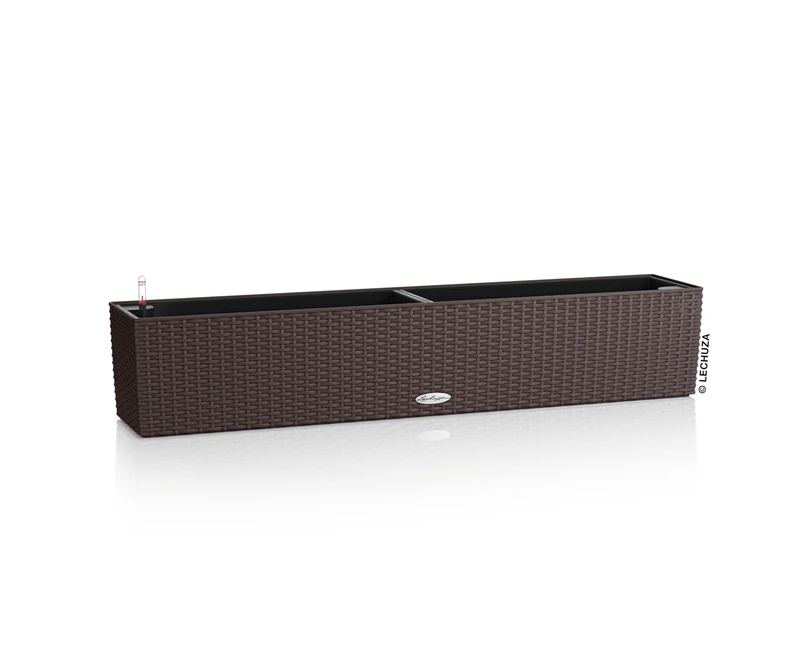 Lechuza - Balconera Cottage 100 Mocha Planter, Balcony Box with Watering System, Water Level Indicator and Plant Insert, Wicker Look, 99 x 19 x 19 cm, 15912