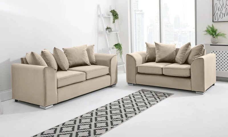 Sofahub Dylan Cream Plush Velvet Scatterback Sofa – Foam Cushions & Chrome Feet – Available in 2 Seater, 3 Seater, 3+2 Set & Corner – Modern Velvet Sofa for Stylish Living Rooms (Cream, 3 + 2 Seater)