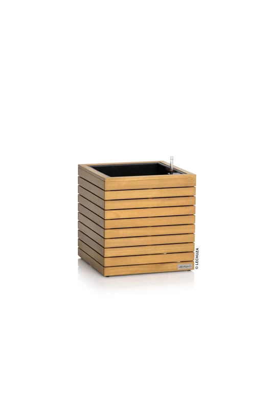 Lechuza -Palo Natural Wood 45 Low Eucalyptus Wood Planter with Watering System, Water Level Indicator and Plant Insert, Real Wood Surface, 44 x 44 x 46 cm, 16772