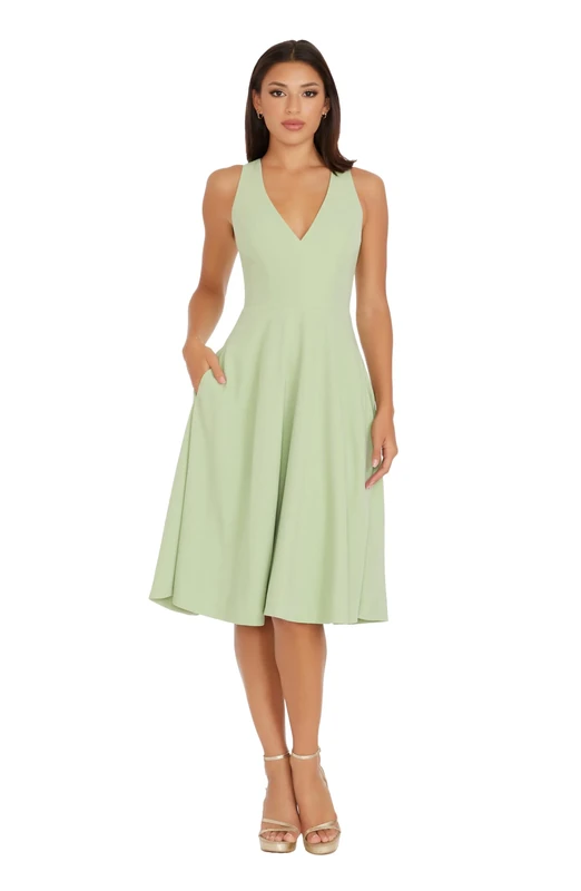 Dress the Population Women's Catalina Solid Sleeveless Fit & Flare Midi Dress, Sage, XL