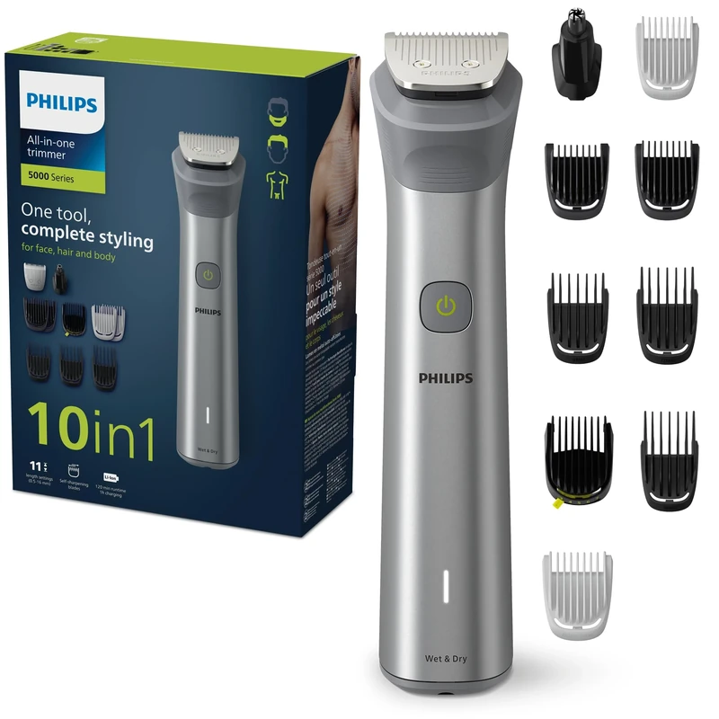 Philips Multigroom 5000 Series, All-in-One Shaver, Beard Trimmer and Hair Clipper, 10-Piece Men's Grooming Kit for Head, Beard, Face, Body, Nose, and Ears, 11 Length Settings, Model MG5917/15