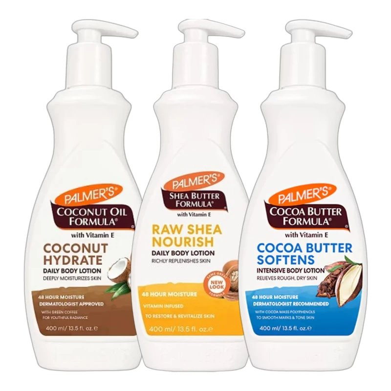 Palmer's Body Lotion Trio Pack with Vitamin E – Coconut Hydrate, Raw Shea Nourish, and Cocoa Butter Heals & Softens – 400ml Bottles, 48-Hour Moisture, Dermatologist Approved, Daily Skin Therapy