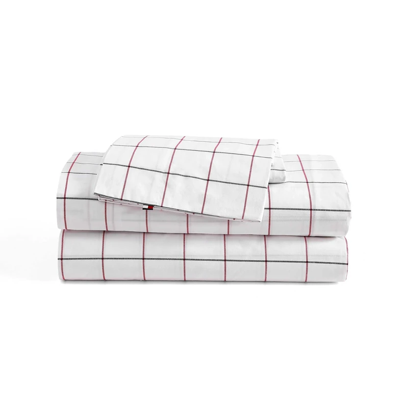 Tommy Hilfiger - Sheet Set, Cotton Percale Bedding with Matching Pillowcases, Crisp & Cool, Premium Quality Home Essentials (Glasgow Windowpane Blue, Queen)