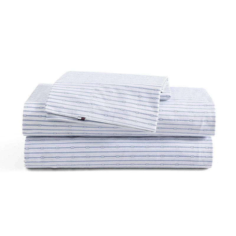Tommy Hilfiger - Sheet Set, Cotton Percale Bedding with Matching Pillowcases, Crisp & Cool, Premium Quality Home Essentials (Monogram Stripe Blue, King)