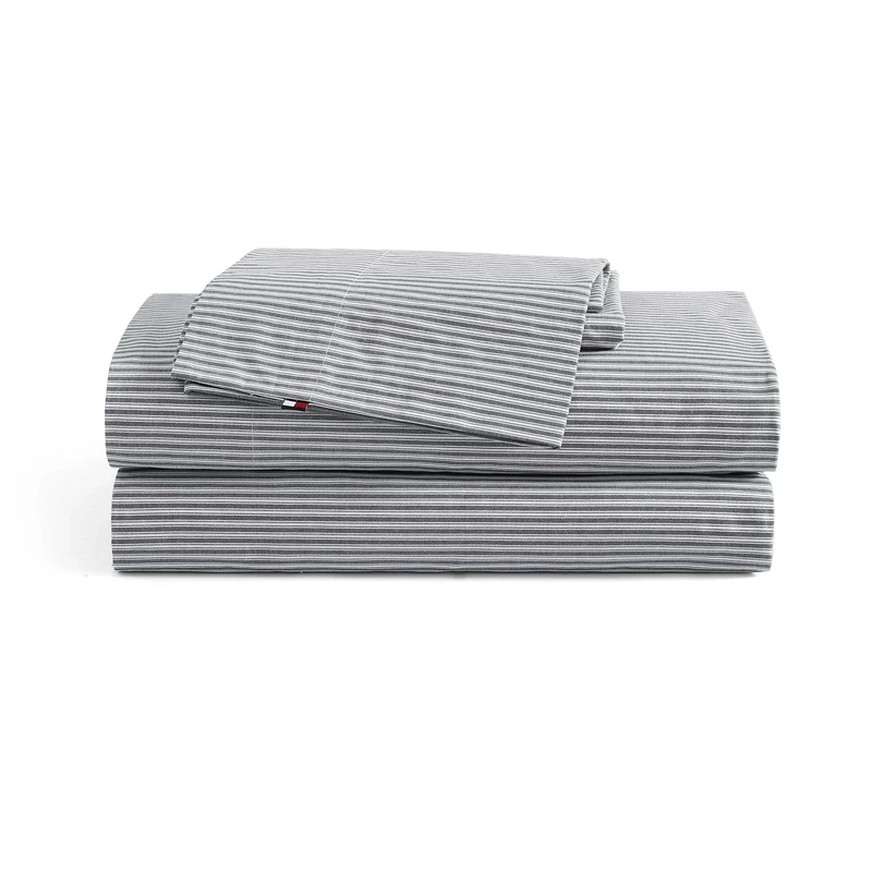 Tommy Hilfiger - Sheet Set, Cotton Percale Bedding with Matching Pillowcases, Crisp & Cool, Premium Quality Home Essentials (Highland Ticking Stripe Navy, Queen)