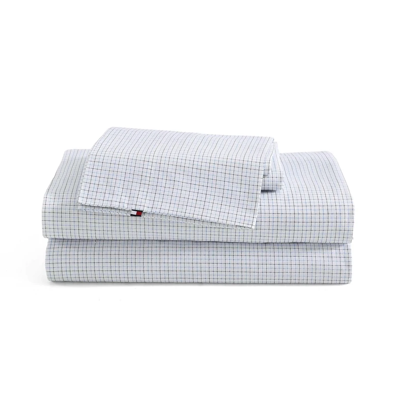 Tommy Hilfiger - Sheet Set, Cotton Percale Bedding with Matching Pillowcases, Crisp & Cool, Premium Quality Home Essentials (New England Plaid Blue, Queen)