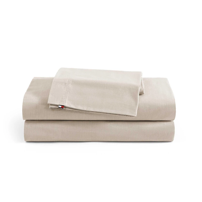 Tommy Hilfiger® - Full Sheet Set, Cotton Chambray Bedding with Matching Pillowcase, Lightweight Weave, Subtle Textured Bed Sheets (Beige)