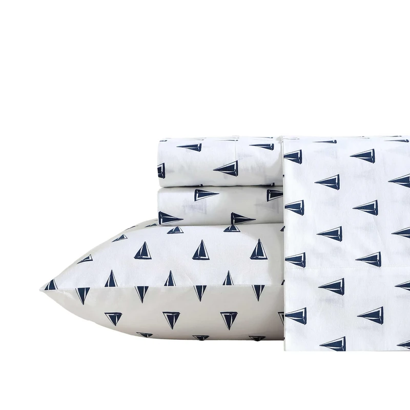 Nautica - Sheets, Cotton Percale Bedding Set with Matching Pillowcases, Crisp & Cool, Deep Pocket (Windtale Boat Navy, Queen)
