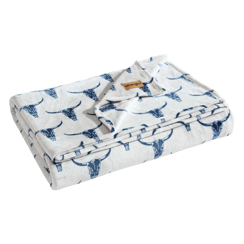 Wrangler - Blanket, Ultra Soft Plush Fleece Bedding, Yellowstone Inspired, Luxuriously Soft Bedding for Bed or Couch (Steer Head Blue, King) - Image 1