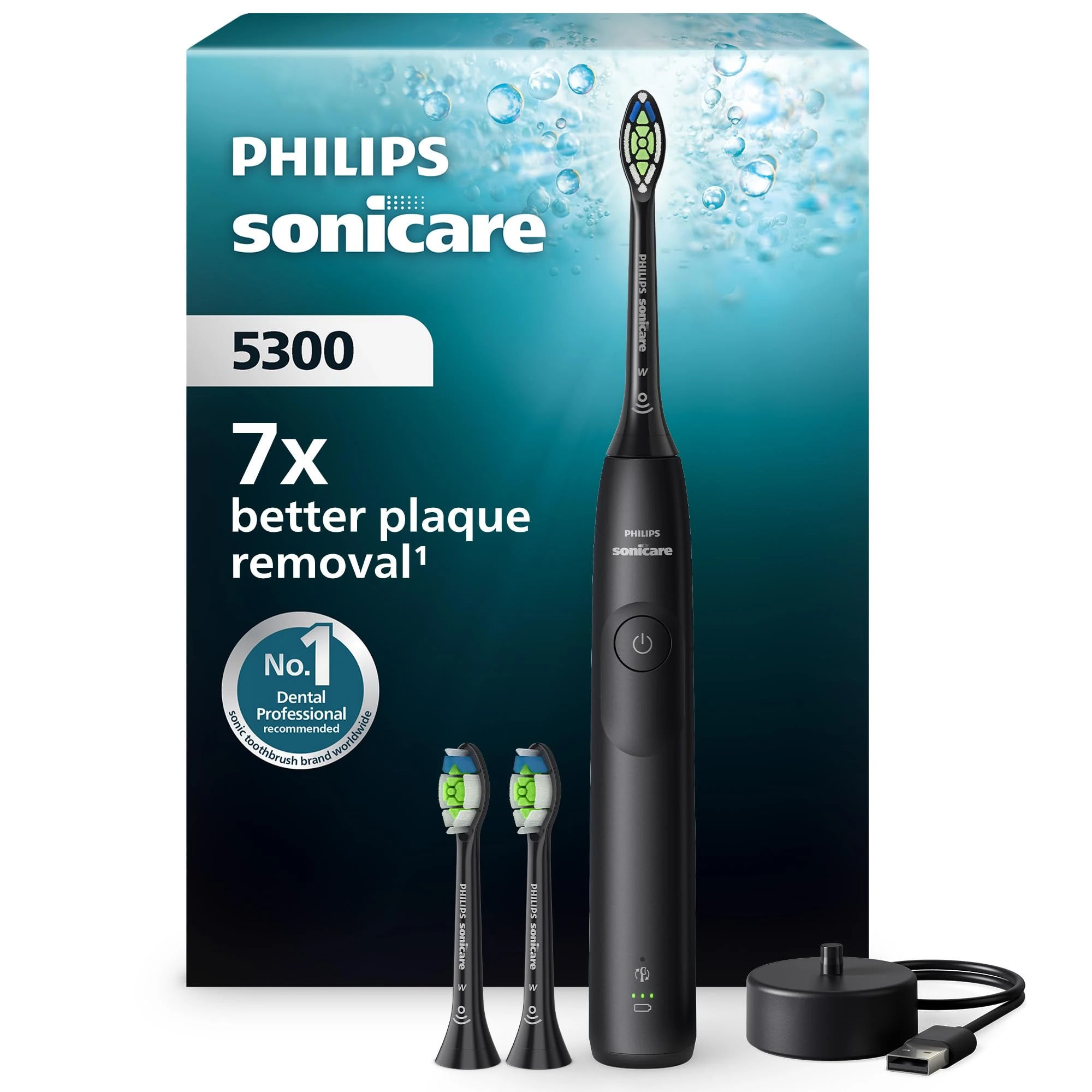 Philips Sonicare 5300 Electric Toothbrush, Sonic Toothbrush with 2 Intensity Levels, Pressure Alert, EasyStart, SmarTimer and BrushPacer, Black, Model HX7101/04 [New Technology]