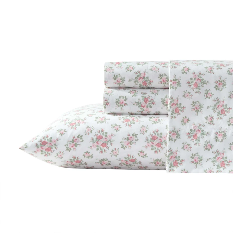 Laura Ashley - Sheets, Cotton Percale Bedding with Matching Pillowcases, Crisp & Breathable, Deep Pocket, Fully Elasticized (Leanna Rose Pink, Queen)