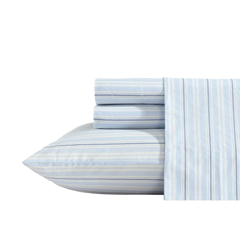 Nautica - Sheets, Cotton Percale Bedding Set with Matching Pillowcase, Crisp & Cool, Deep Pocket (Camp Stripe Blue, Twin)