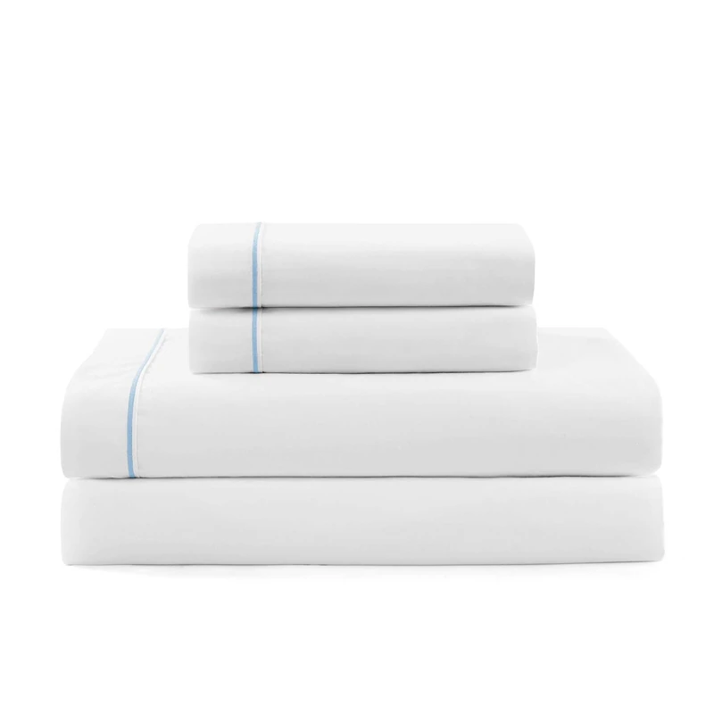 Tommy Hilfiger - Sheet Set, Cotton Percale Bedding with Matching Pillowcases, Crisp & Cool, Solid Design with Hem Stripe (White/Blue, Twin XL)