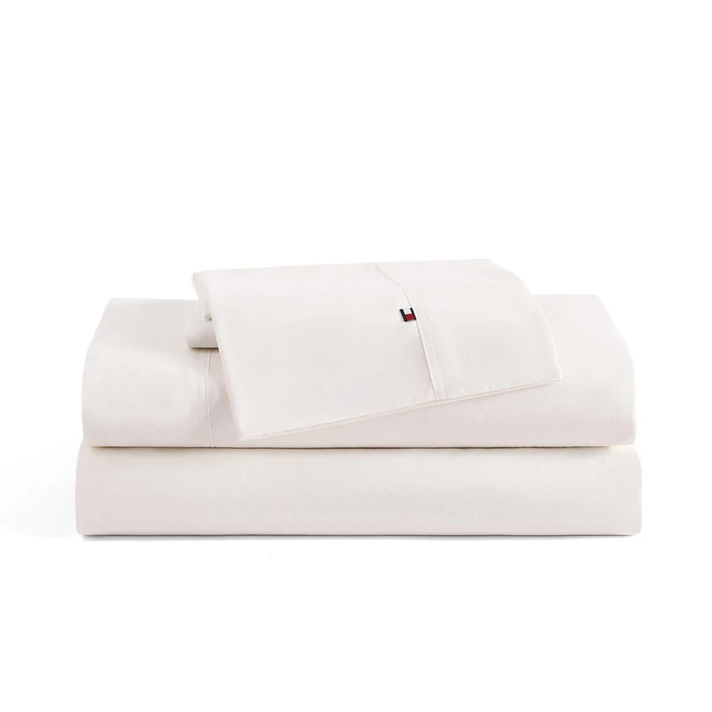 Tommy Hilfiger - Sheet Set, Cotton Washed Percale Bedding with Matching Pillowcases, Crisp & Cool, Solid Home Essentials (Ivory, Twin XL)