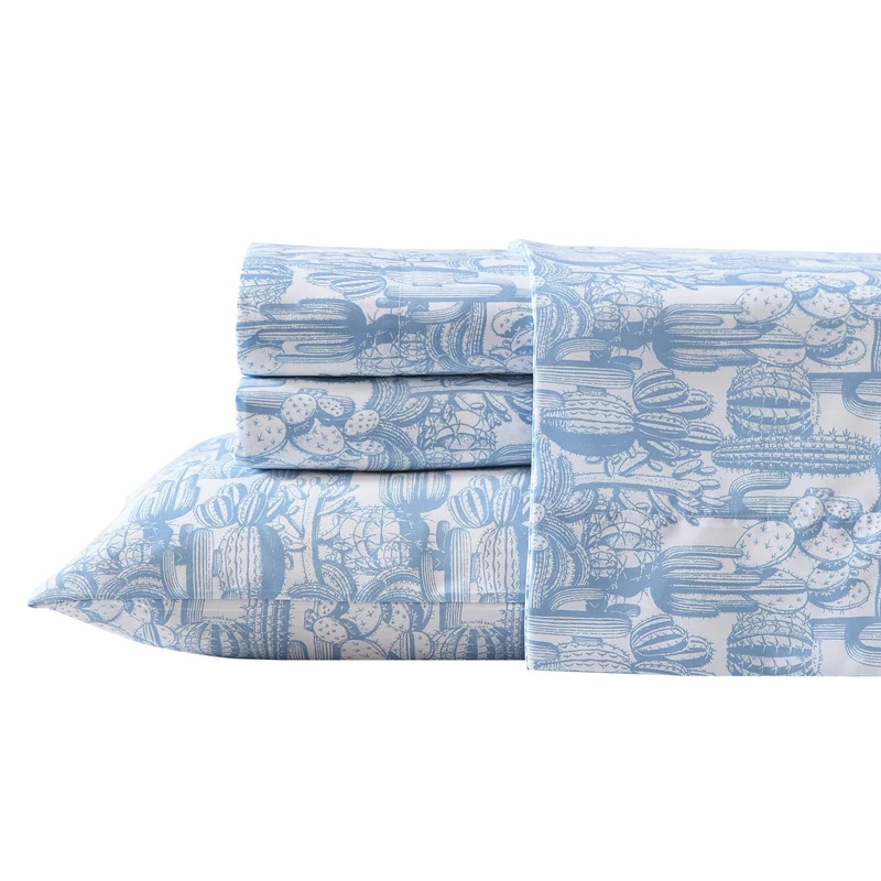 Wrangler - Sheet Set, Breathable & Wrinkle Resistant Bedding with Matching Pillowcases, Yellowstone Inspired, Fully Elasticized (Cactus Toile Blue, King)