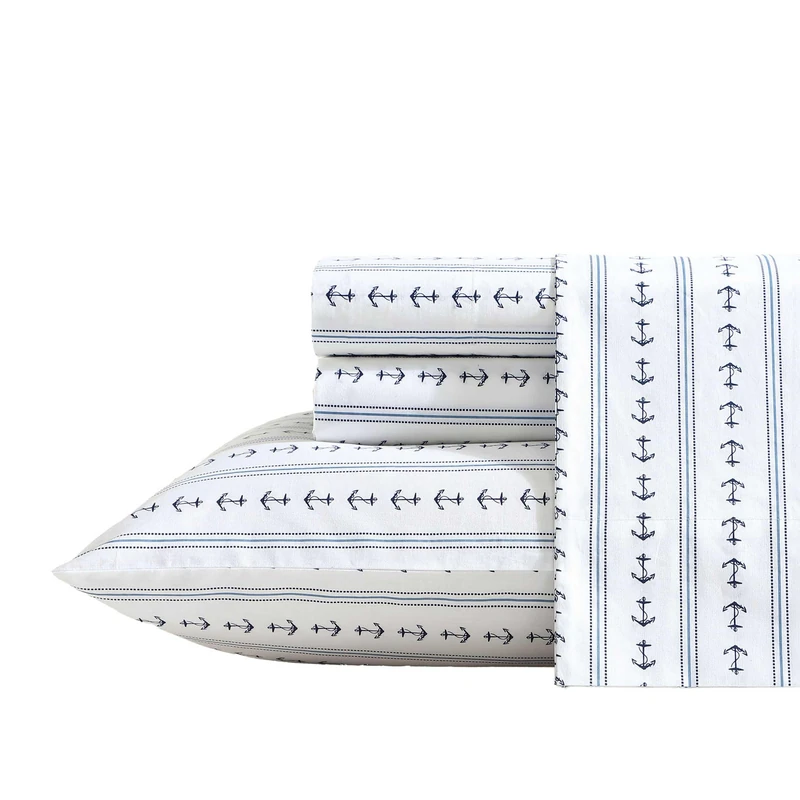 Nautica - Sheets, Cotton Percale Bedding Set with Matching Pillowcases, Crisp & Cool, Deep Pocket (Anchor Lines Blue, Full)