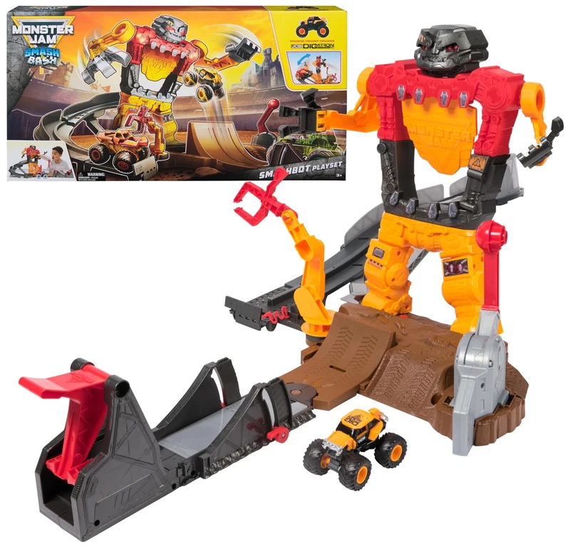 Monster Jam Smash & Bash SmashBot Playset with Launcher, Exclusive 1:64 Scale Monster Truck, 15-Inch Repairable Robot, Kids Toys for Boy and Girls Age 3 and up