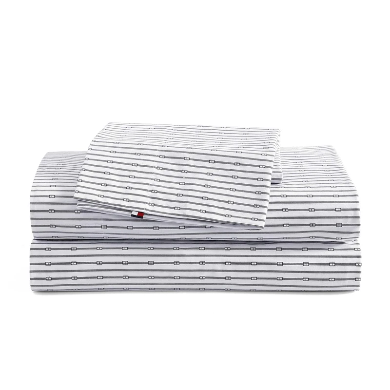 Tommy Hilfiger - Sheet Set, Cotton Percale Bedding with Matching Pillowcases, Crisp & Cool, Premium Quality Home Essentials (Monogram Stripe Navy, Queen)