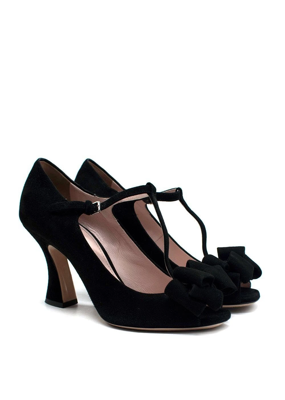 Miu Miu Pre-Loved Black Suede Bow T-Strap Ankle Strap Heel
