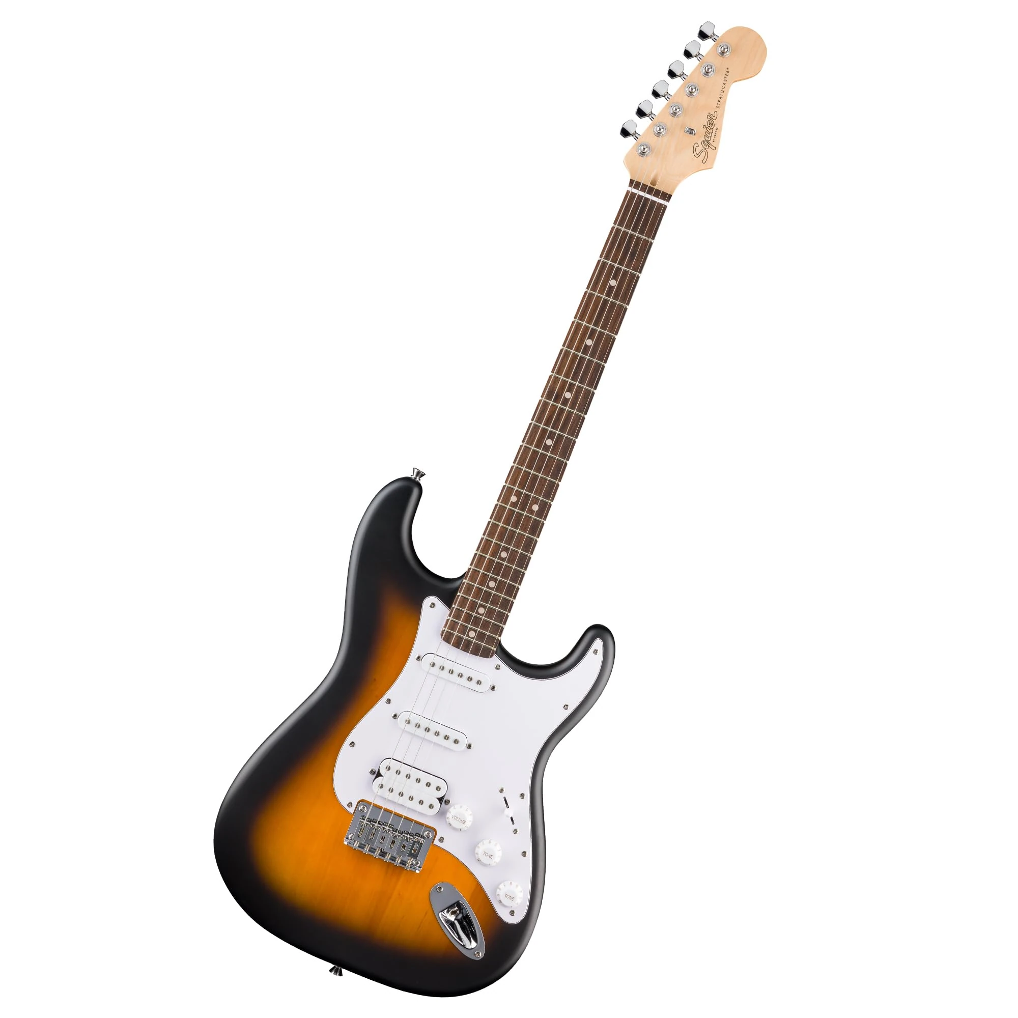 Squier by Fender Debut Collection HT HSS Stratocaster Electric Guitar, Laurel Fingerboard, White Pickguard, 2 Tone Sunburst