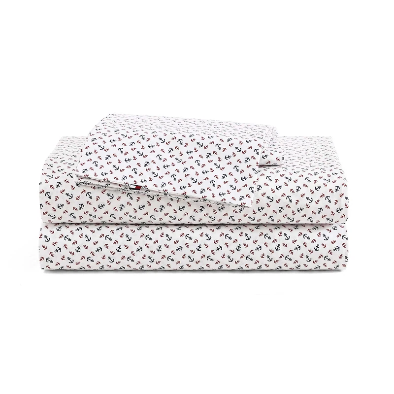 Tommy Hilfiger - Sheet Set, Cotton Percale Bedding with Matching Pillowcases, Crisp & Cool, Premium Quality Home Essentials (Atlantic Anchors Red, Full)