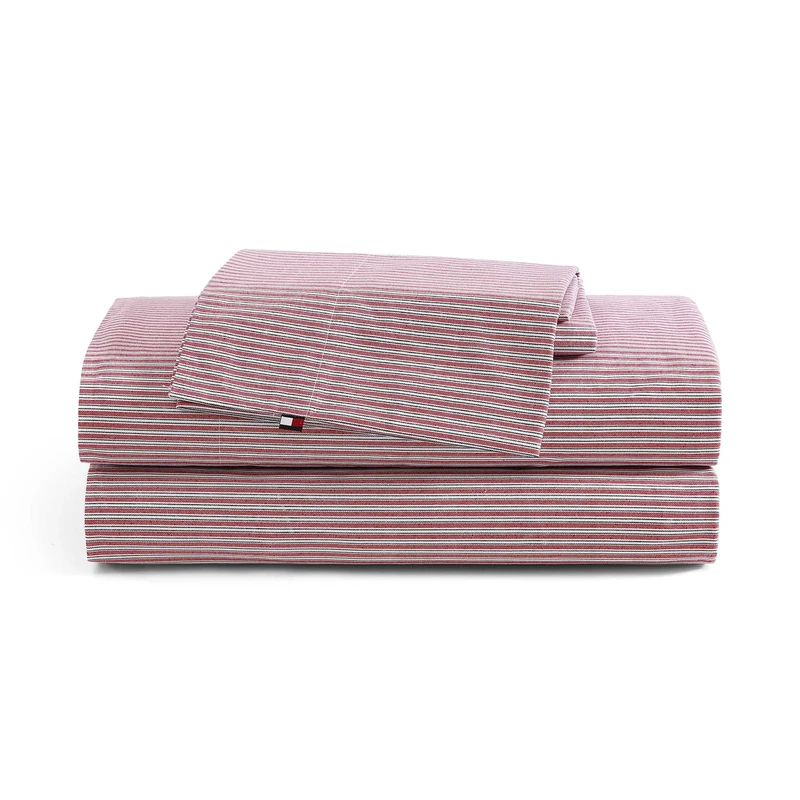 Tommy Hilfiger - Sheet Set, Cotton Percale Bedding with Matching Pillowcases, Crisp & Cool, Premium Quality Home Essentials (Highland Ticking Stripe Red, King)