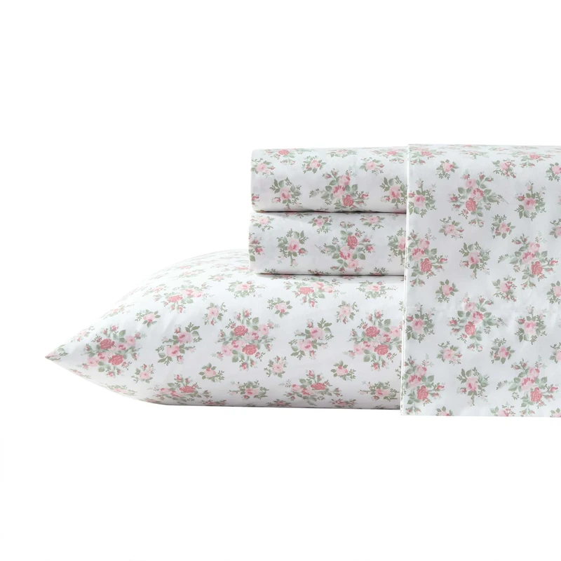 Laura Ashley - Sheets, Cotton Percale Bedding with Matching Pillowcases, Crisp & Breathable, Deep Pocket, Fully Elasticized (Leanna Rose Pink, King)