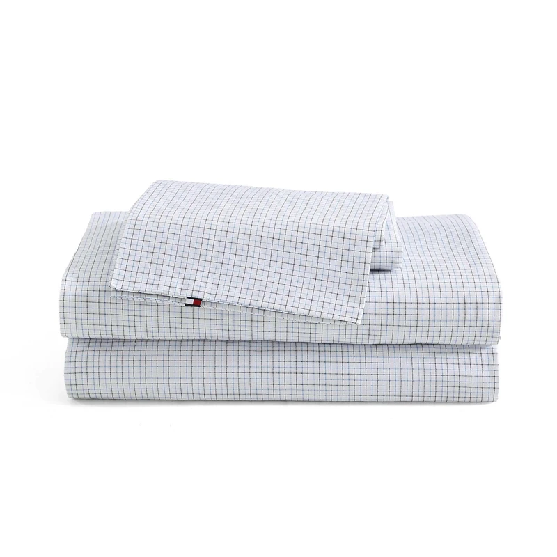 Tommy Hilfiger - Sheet Set, Cotton Percale Bedding with Matching Pillowcases, Crisp & Cool, Premium Quality Home Essentials (New England Plaid Blue, Twin XL)