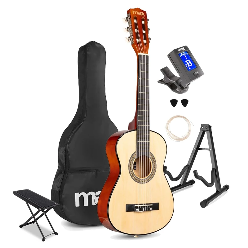 MAX SoloArt 1/4 Junior Acoustic Guitar Starter Kit for Children Aged 4-8 - Beginner Set with Stand, Footrest, Bag, Tuner, Strap, Strings, Picks - Natural