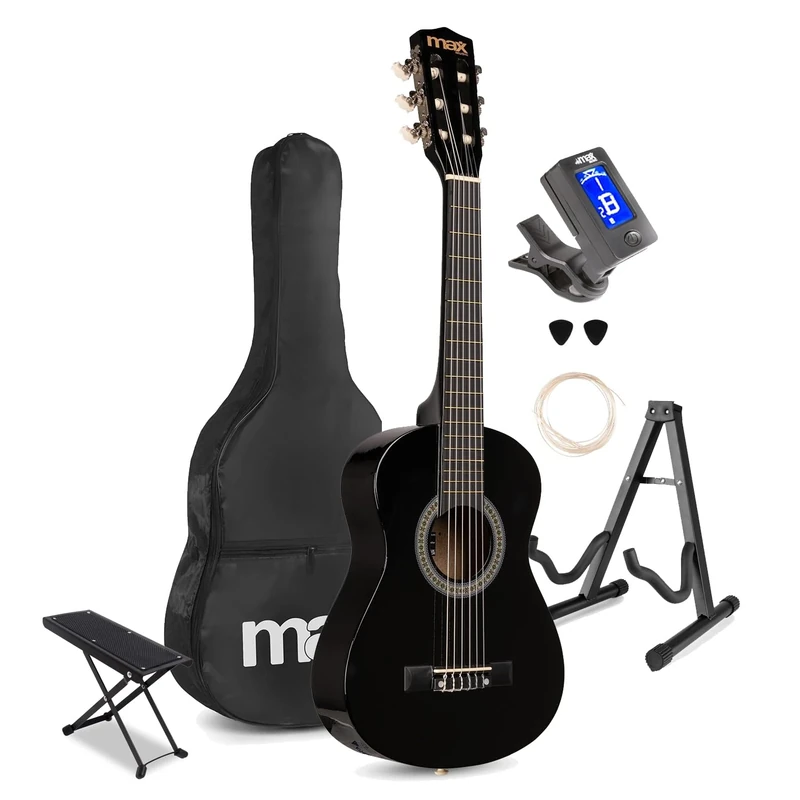 MAX SoloArt 1/4 Junior Acoustic Guitar Kit – Black Childrens Beginner Starter Instrument Set with Stand, Footrest, Bag & Accessories, Ideal Learning Gift