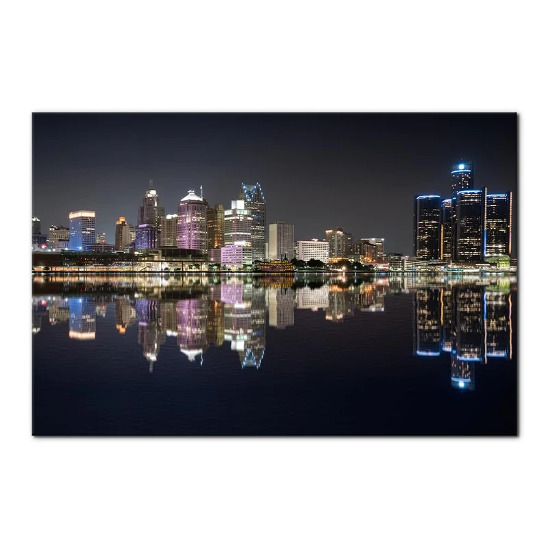 Pacimo Framed Canvas Print Wall Art Decor Detroit Cityscape City Photography Realism Contemporary Black and White Michigan Night Skyline Modern Artwork for Living Room Bedroom Office 24"x36"